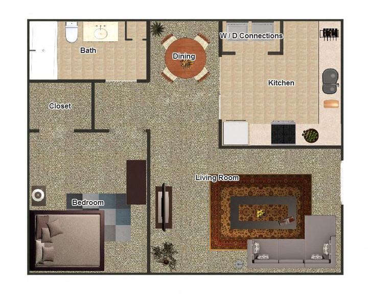 Floor plan for 1 bed, 1 bath, 710 sqft